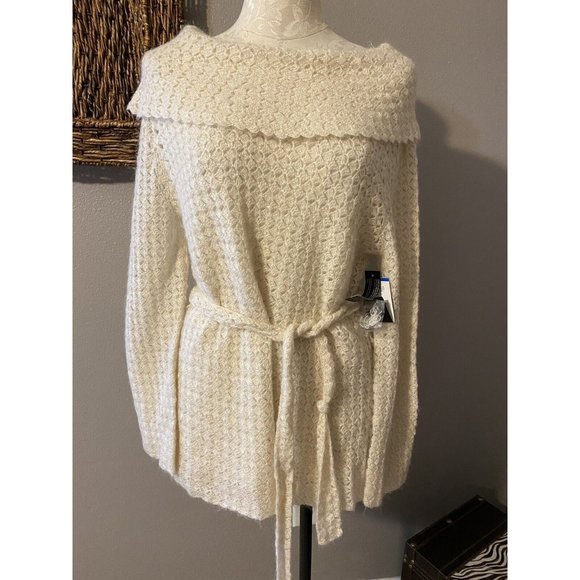 JONES NEW YORK Sweater Cream XL Open Weave Crochet  Shell & Belt NWT $149 - Picture 5 of 6
